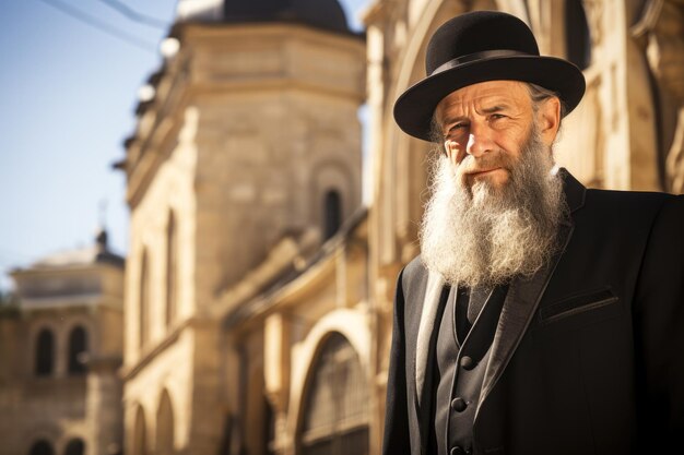 Ein jüdischer Priester steht vor einer Synagoge