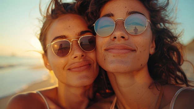 Ein jugendliches sorgloses lesbisches Paar mit Sonnenbrille Generative Ai