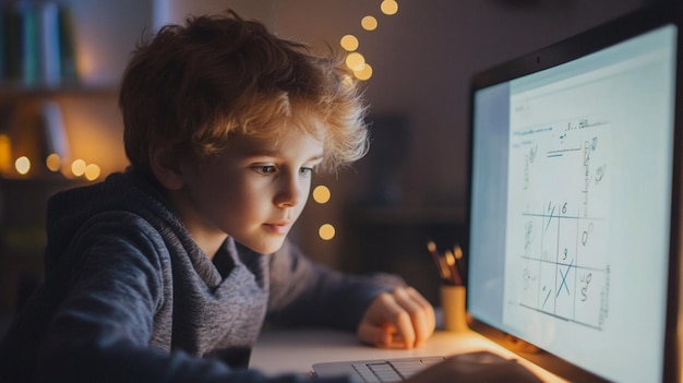 ein Junge arbeitet an einem Computer mit einem Computermonitor hinter sich