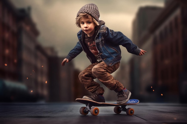 Ein Junge auf einem Skateboard in einer Stadt
