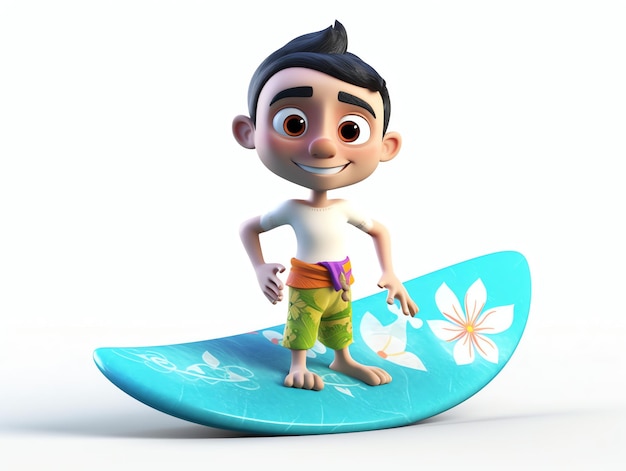 Ein Junge auf einem Surfbrett mit dem Wort Pixar darauf