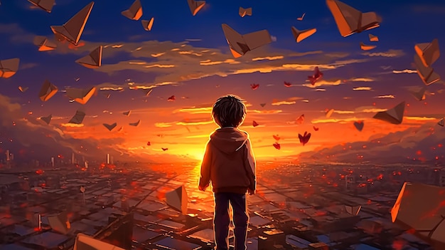 Ein Junge blickt auf den Sonnenuntergang und die Worte „Liebe“ oben auf dem Bild.