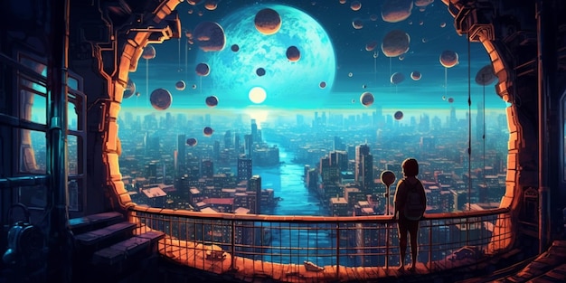 Ein Junge blickt auf eine Stadt mit einem Mond im Hintergrund