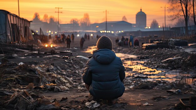 Ein Junge, der abends auf dem Boden sitzt und ins Feuer schaut