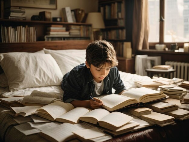 ein Junge, der auf einem Bett liegt und ein Buch liest und schreibt