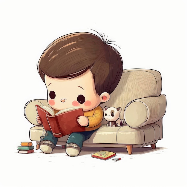 Ein Junge, der auf einem Stuhl ein Buch liest.