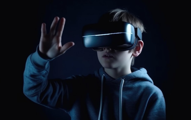 Ein Junge, der ein dunkles Sweatshirt mit einem Virtual-Reality-Headset trägt.