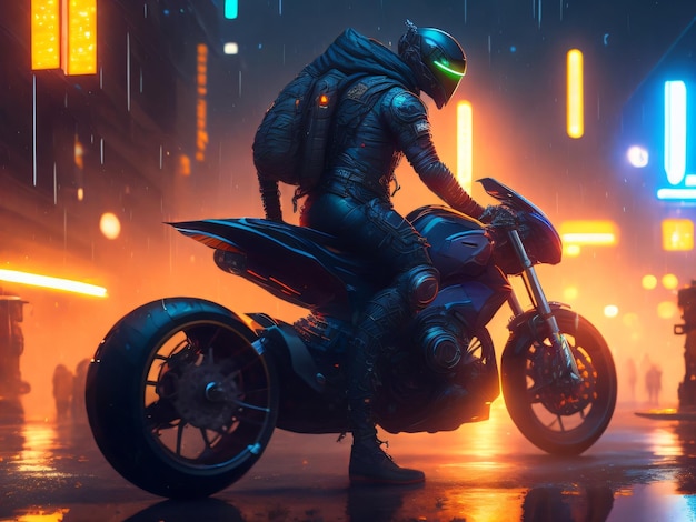Ein Junge, der ein Motorrad im Regen-Cyberpunk fährt