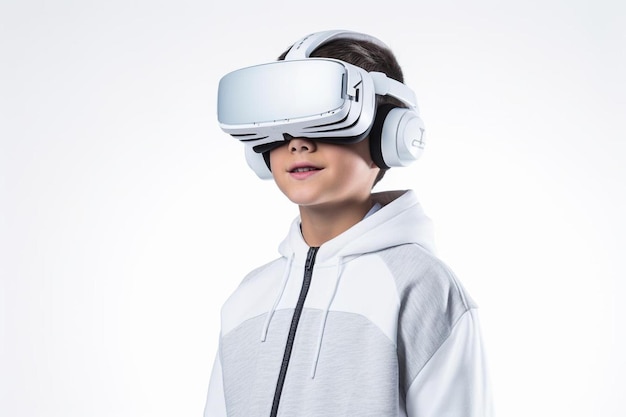 ein Junge, der ein Virtual-Reality-Headset mit weißem Hintergrund trägt.