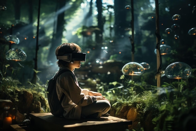 Ein Junge, der ein VR-Headset trägt, surreale Welt und virtuelle Realität, natürliche Waldnatur
