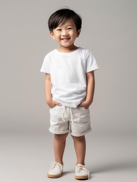 Ein Junge, der ein weißes Hemd und khakifarbene Shorts trägt, steht in einem Studio