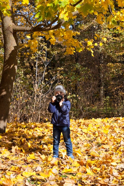 Ein Junge, der im Park mit einer Kamera geht und Herbstnatur fotografiert, die seine Fotos sonniges Wetter betrachtet