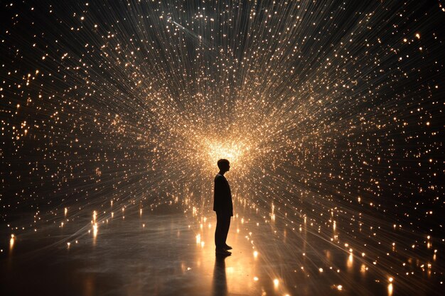 Ein Junge, der in einer Lichtkunstinstallation dargestellt wird, sprengt Funken in einer Galerie in einem dunklen Raum.