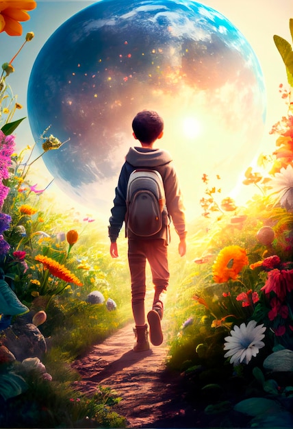 Ein Junge, der mit der generativen KI des Planeten Erde auf einem Planeten voller Blumen und Vegetation spaziert