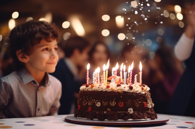 Ein Junge feiert seinen Geburtstag mit angezündeten Kerzen auf einem Kuchen