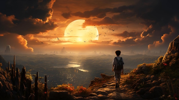Foto ein junge geht bei sonnenuntergang in den himmel