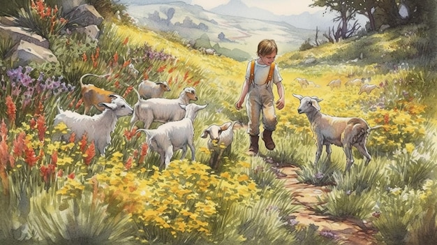 Ein Junge geht durch ein Blumenfeld mit der Aufschrift „Das Schaf“.