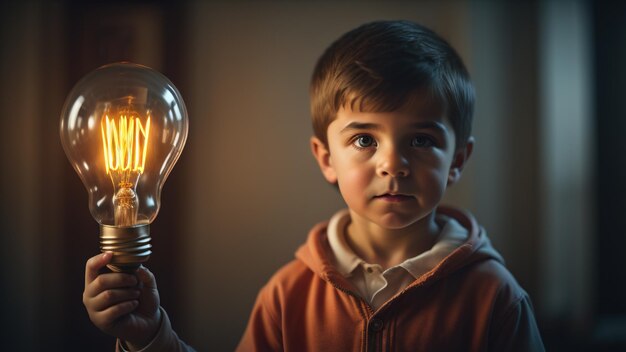 Ein Junge hält eine Glühbirne mit dem Wort Licht darauf