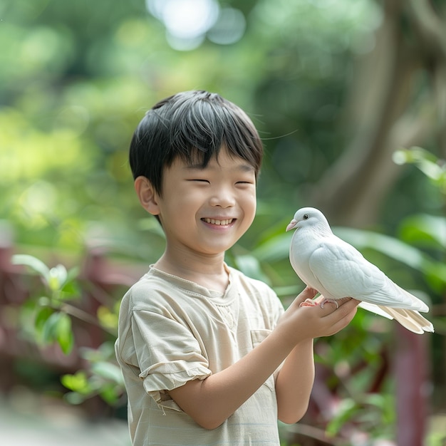 ein Junge hält einen Vogel, der in die Kamera lächelt