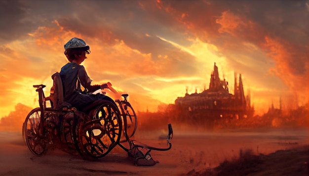 Ein Junge im Rollstuhl im Steampunk-Stil