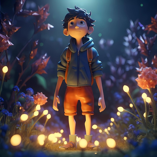 Ein Junge in einem blauen Kapuzenpullover steht in einem Feld voller Glühwürmchen.