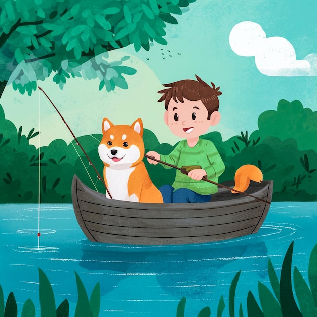 ein Junge in einem Boot mit einem Jungen und einem Hund in einem Boot