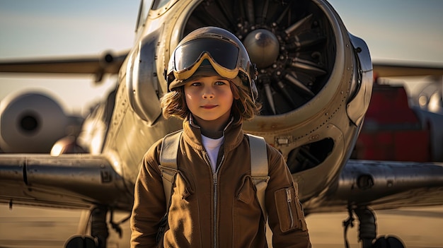 Ein Junge in einem Fluganzug steht mittags vor einem Flugzeug