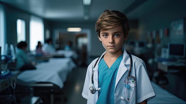 Ein Junge in einem Krankenhauszimmer, gekleidet in der Uniform eines Arztes