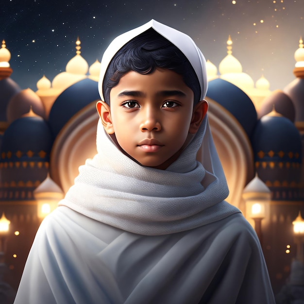Ein Junge in einem weißen Gewand steht vor einer Moschee.
