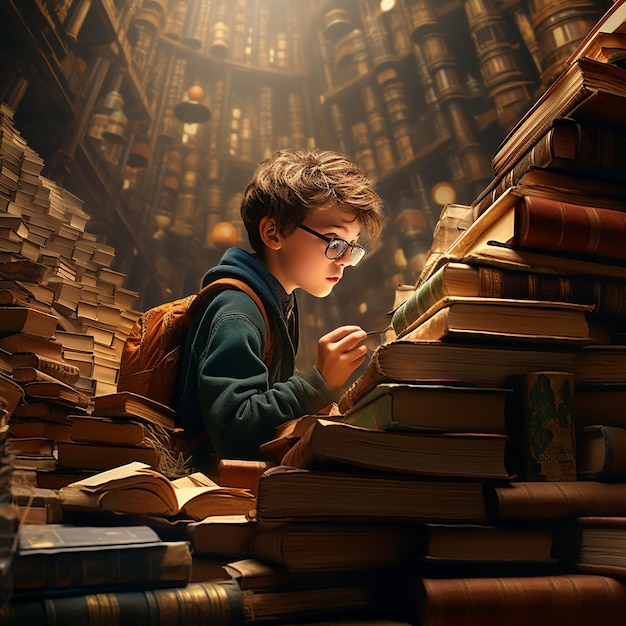 ein Junge in einer Bibliothek mit einer Büchertasche auf dem Rücken