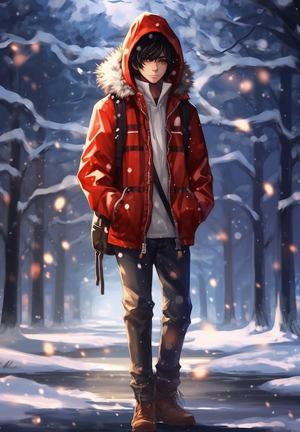 Ein Junge in einer roten Jacke und ein roter blinzeln im Schnee Hochqualitätsfoto Generative KI