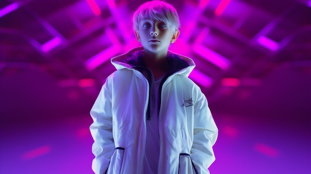 Ein Junge in einer weißen Jacke steht vor einem violetten Licht.