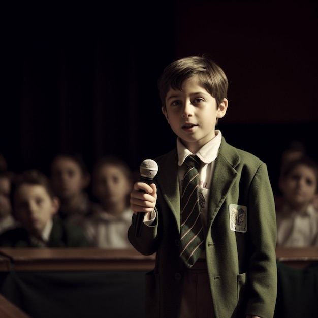 Ein Junge in grüner Jacke hält ein Mikrofon vor eine Menschenmenge.