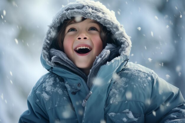 Ein Junge in Winterkleidung spielt im Schnee vor dem Haus