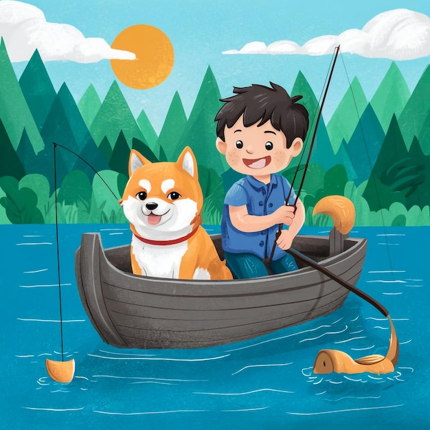 ein Junge ist in einem Boot mit einem Hund und ein Junge im Wasser