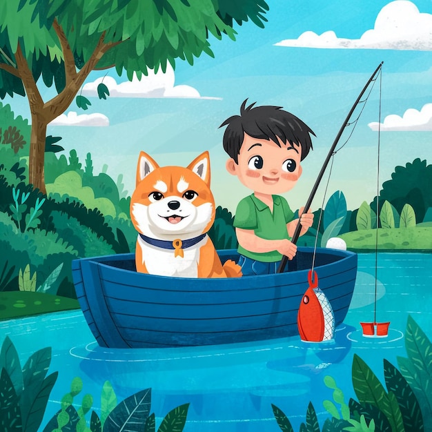 ein Junge ist in einem Boot mit einem Jungen und seinem Hund