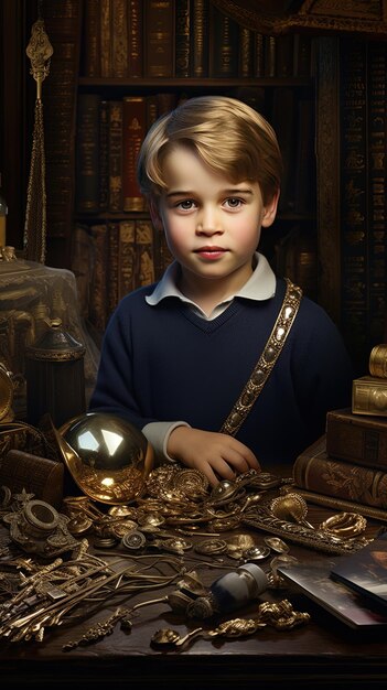 ein Junge ist von vielen Büchern und einem Buch mit einer goldenen Taschenuhr umgeben