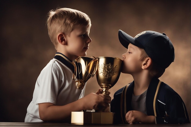 Ein Junge küsst eine Trophäe mit einer goldenen Trophäe.