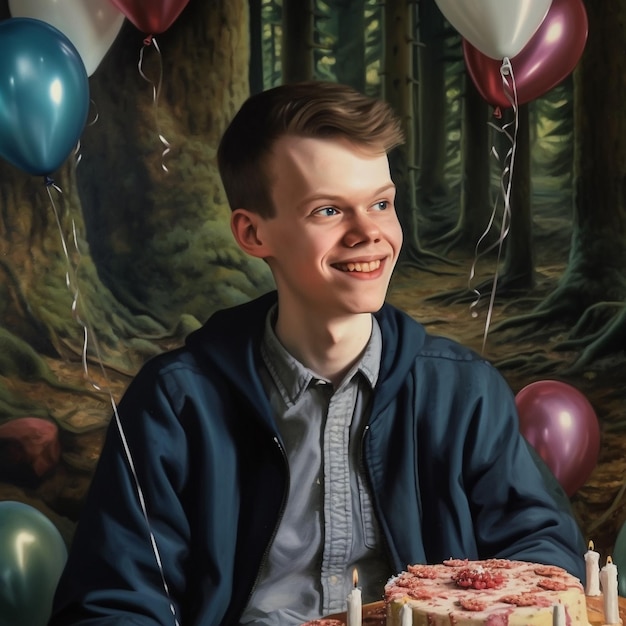 Ein Junge lächelt neben einer Geburtstagstorte mit Luftballons und einer Torte mit der Aufschrift „Alles Gute zum Geburtstag“.