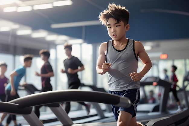 Foto ein junge läuft auf einem laufband im fitnessstudio