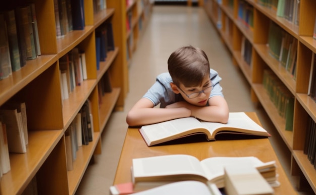 Ein Junge liest ein Buch in einer Bibliothek