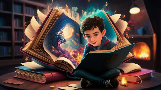 ein Junge liest ein Buch mit einem Buch mit dem Titel The Title Quote