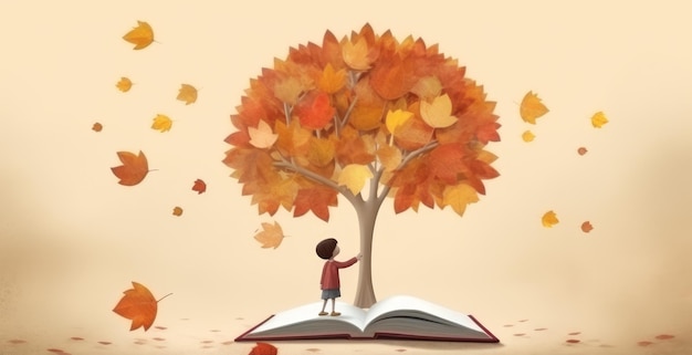 Ein Junge liest ein Buch unter einem Herbstbaum in einer 2D-Illustration. Das Kunstwerk stellt die Konzepte Bildung, Fantasie, Inspiration, Kreativität und Natur dar, wobei Blätter die Szene umgeben