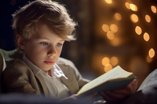 Ein Junge liest ein Buch vor einem Bokeh-Hintergrund