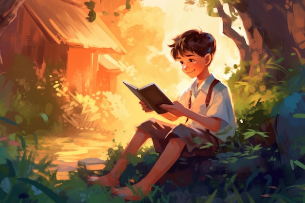 Ein Junge liest ein Buch vor einem Haus
