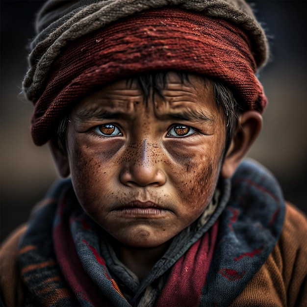 Ein Junge mit blauen Augen wird von einer Person fotografiert.