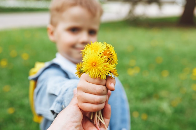 Ein Junge mit blonden Haaren hält Löwenzahn in seinen Händen und hält sie vor dem Hintergrund einer grünen Blumenwiese in die Kamera