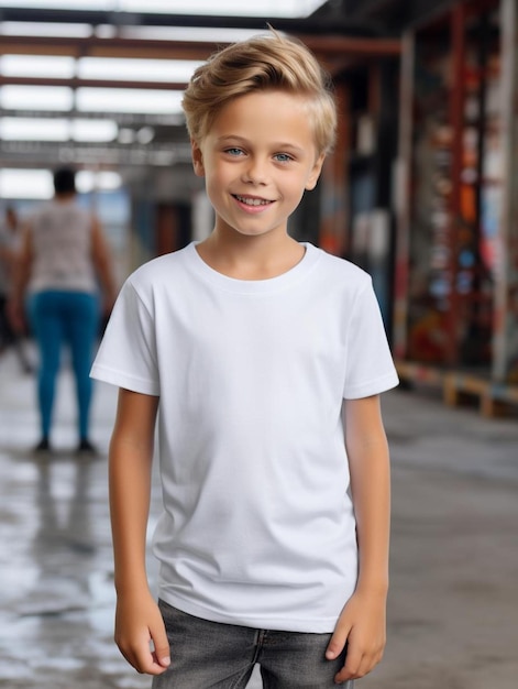 Ein Junge mit blonden Haaren und einem weißen Hemd steht in einer Lagerhalle.