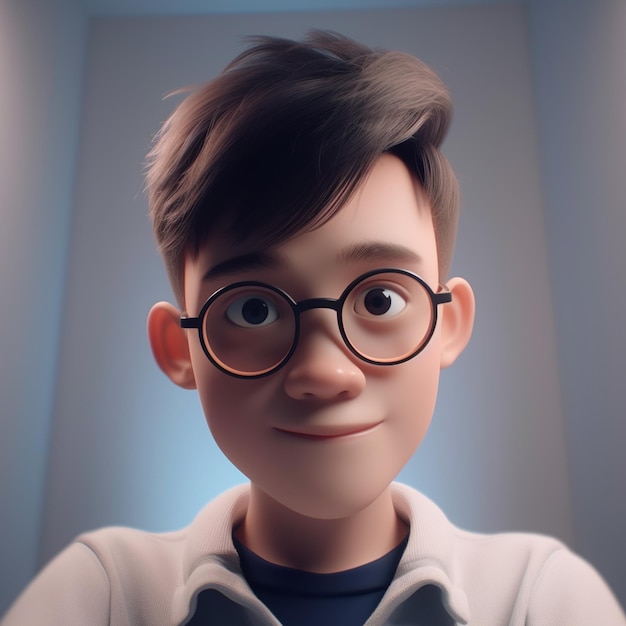 Ein Junge mit Brille und einem T-Shirt mit der Aufschrift „Pixar“.
