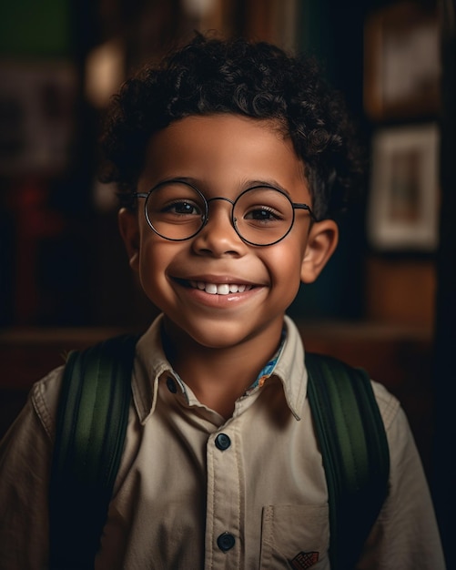 Ein Junge mit Brille und Rucksack lächelt in die Kamera.